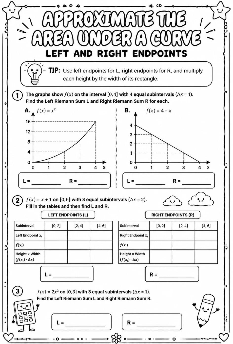 Approximate the area under a curve: left and right endpoints — free printable Calculus math worksheet