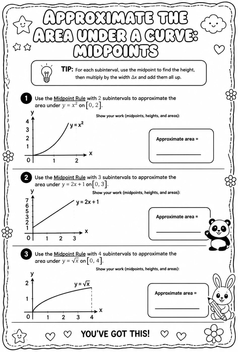 Approximate the area under a curve: midpoints — free printable Calculus math worksheet