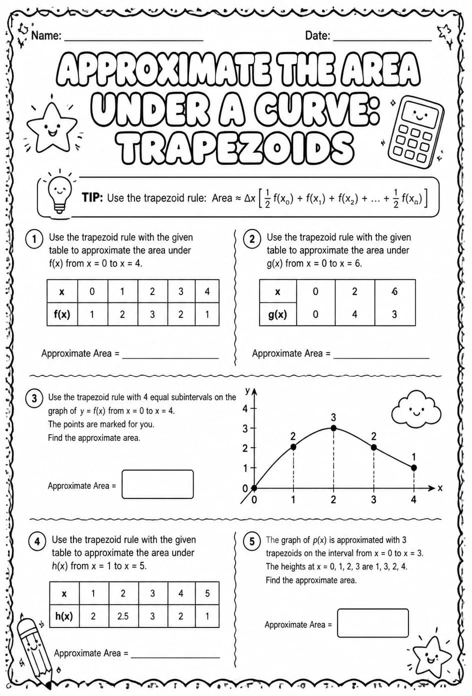Approximate the area under a curve: trapezoids — free printable Calculus math worksheet