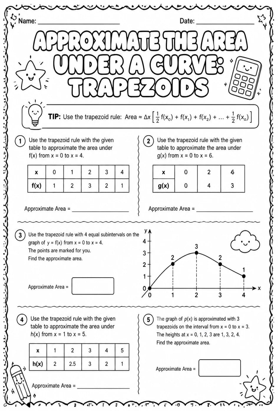 Approximate the area under a curve: trapezoids — free printable Calculus math worksheet