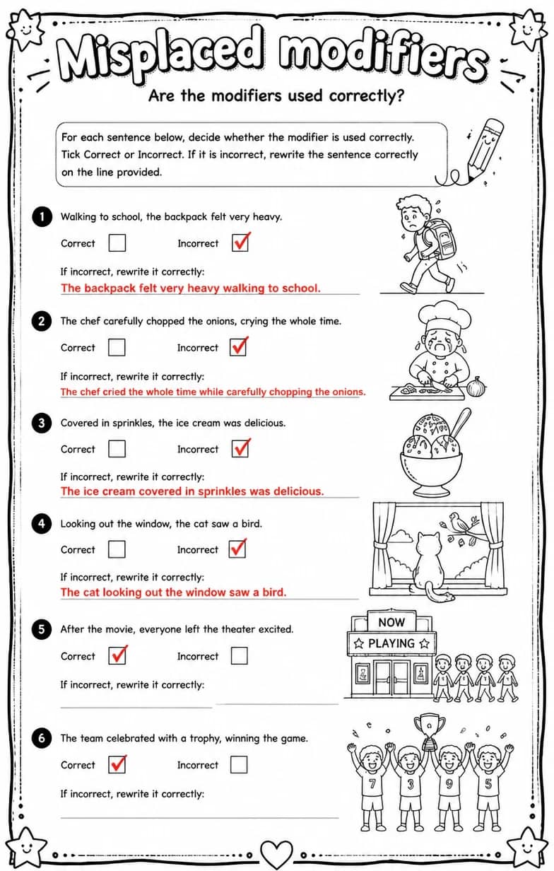 Answer key for Are the modifiers used correctly? — free printable English & Reading worksheet