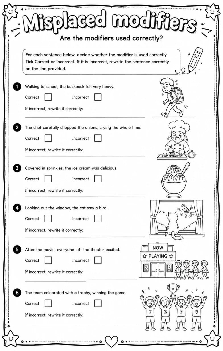 Are the modifiers used correctly? — free printable Grammar and mechanics English worksheet