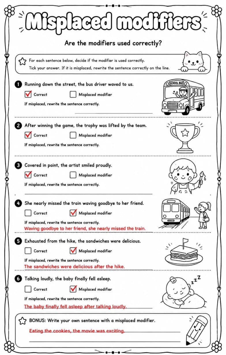 Answer key for Are the modifiers used correctly? — free printable English & Reading worksheet