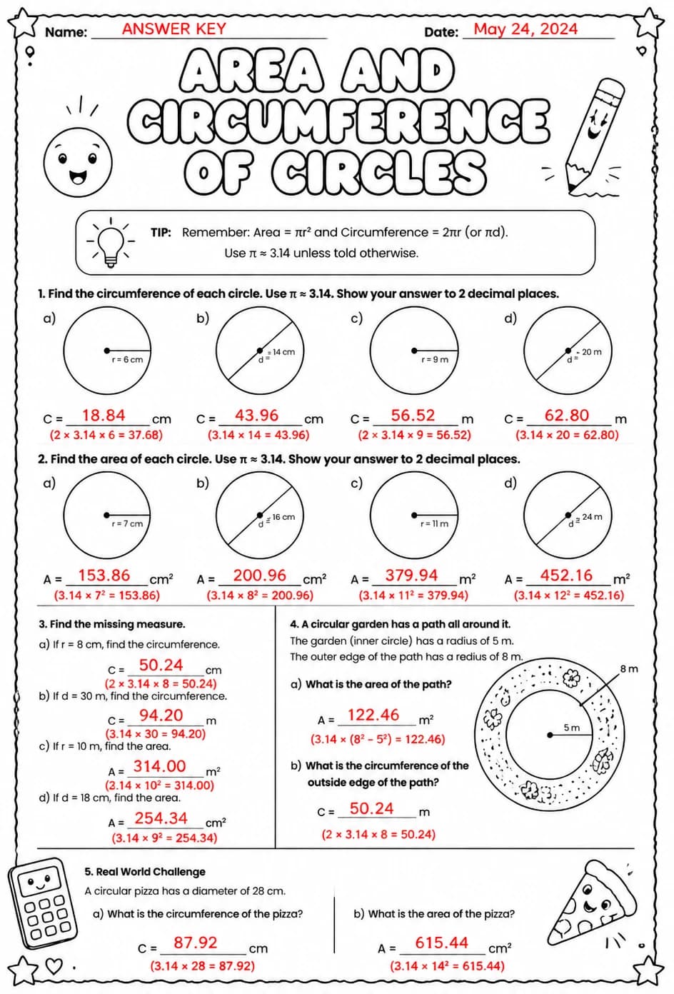 Answer key for Area and circumference of circles — free printable Math worksheet