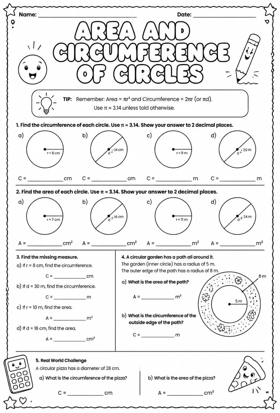 Area and circumference of circles — free printable Grade 8 math worksheet
