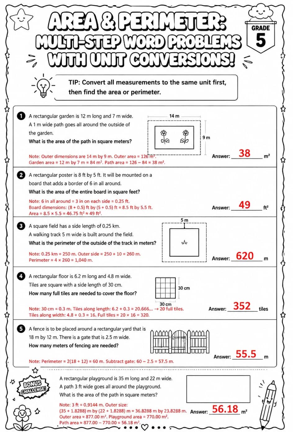 Answer key for Area and perimeter: multi-step word problems with unit conversions — free printable Math worksheet