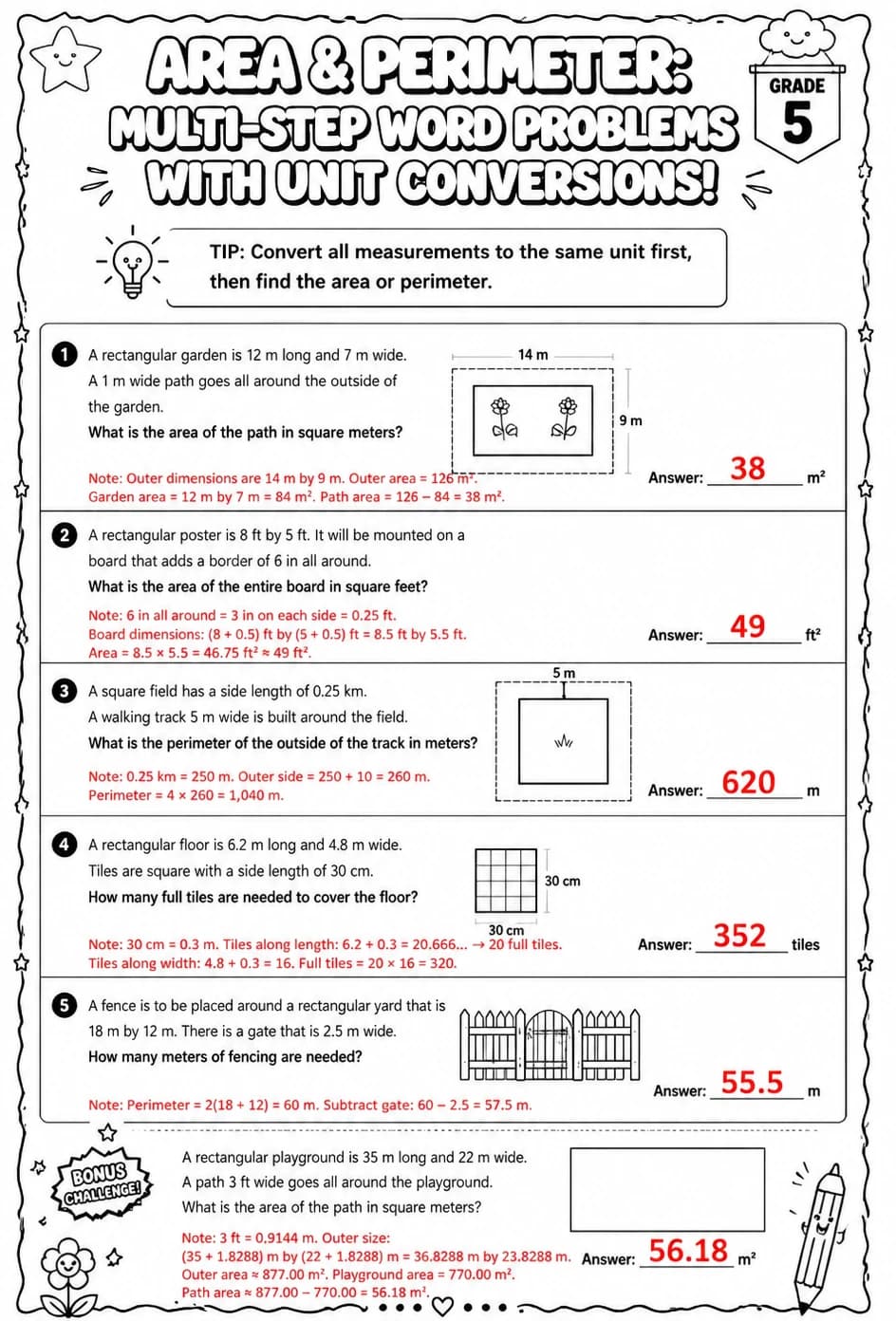 Answer key for Area and perimeter: multi-step word problems with unit conversions — free printable Math worksheet