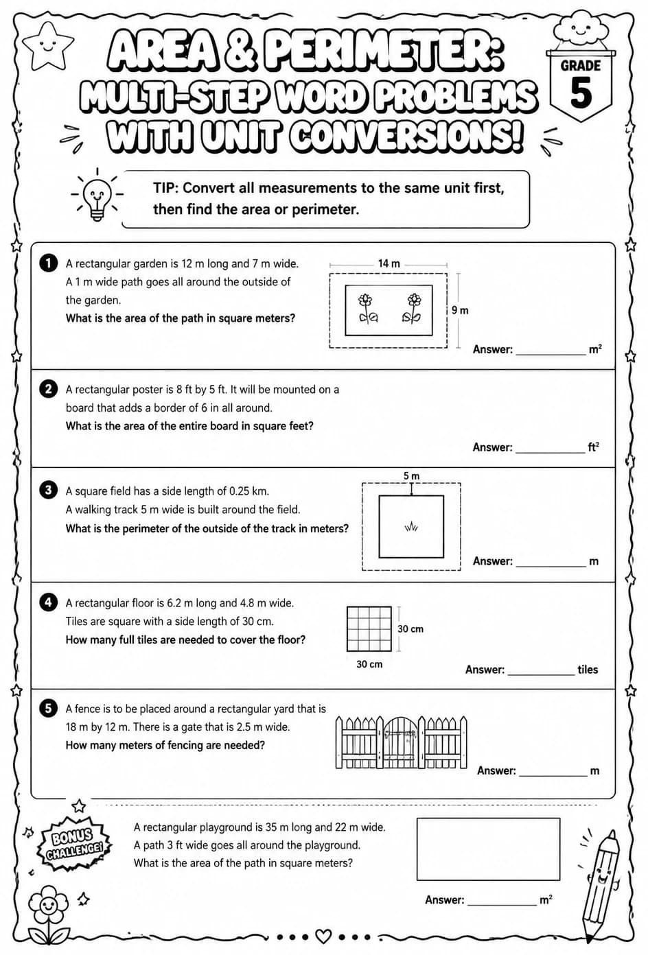 Area and perimeter: multi-step word problems with unit conversions — free printable Grade 5 math worksheet