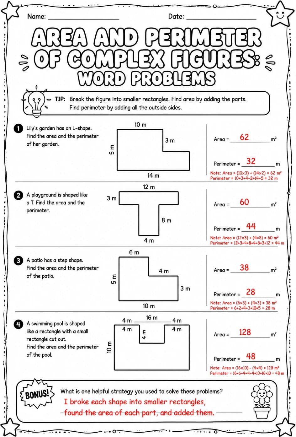 Answer key for Area and perimeter of complex figures: word problems — free printable Math worksheet