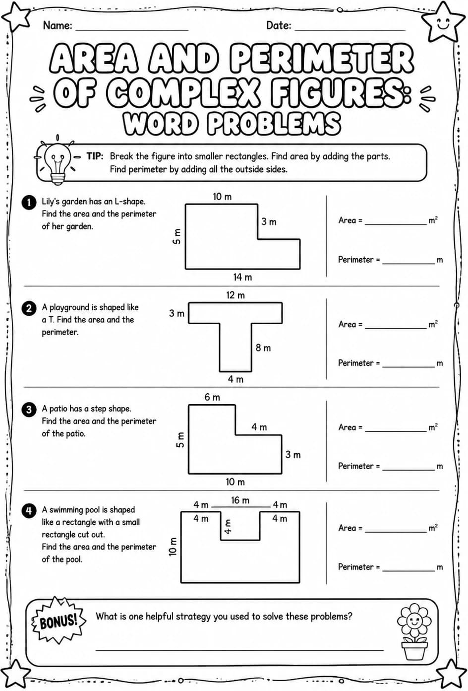Area and perimeter of complex figures: word problems