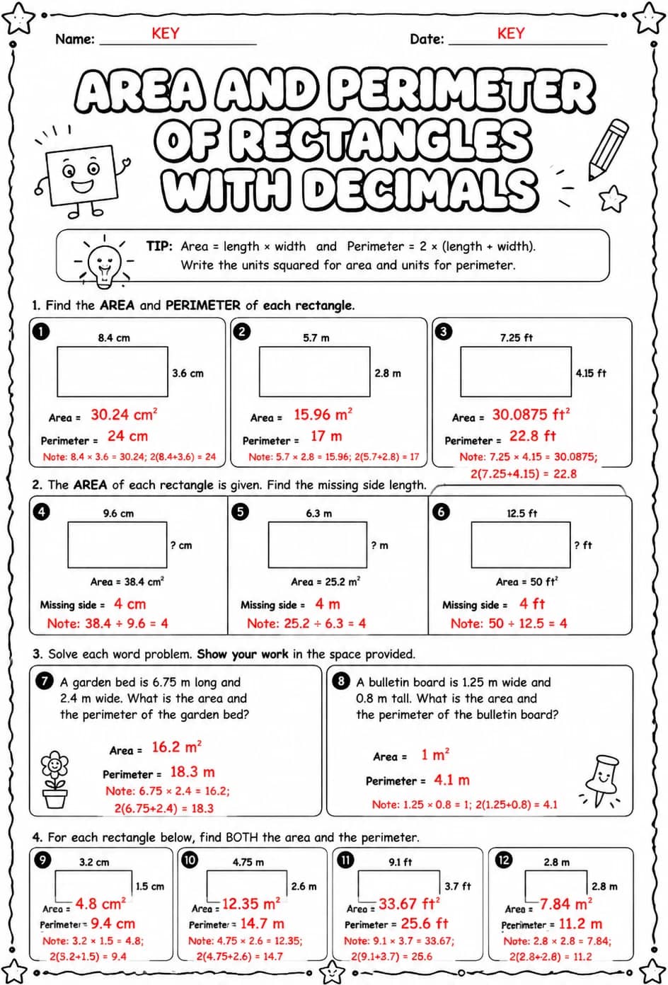 Answer key for Area and perimeter of rectangles with decimals — free printable Math worksheet