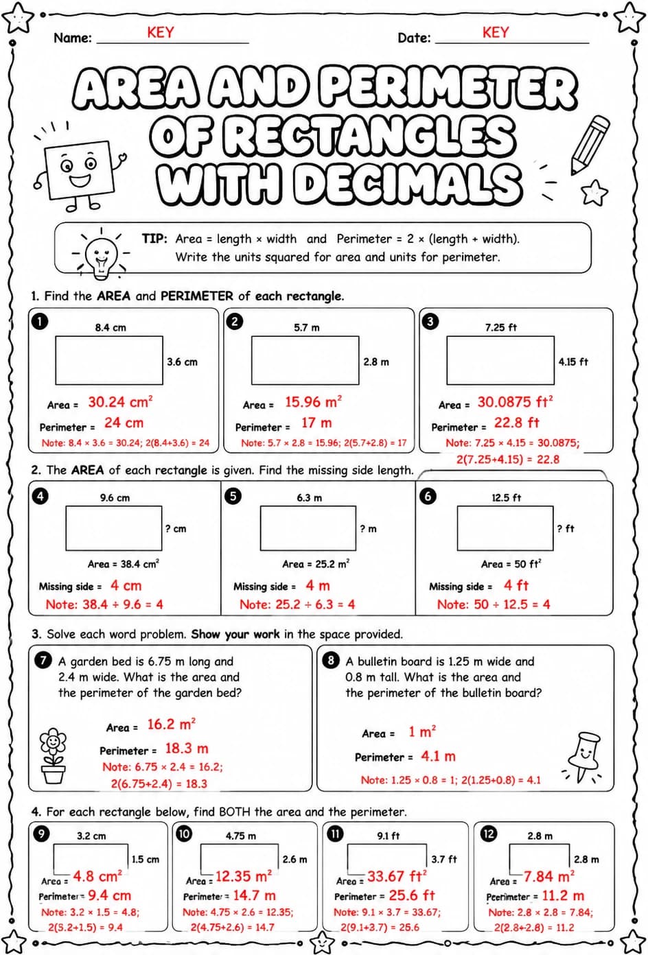 Answer key for Area and perimeter of rectangles with decimals — free printable Math worksheet