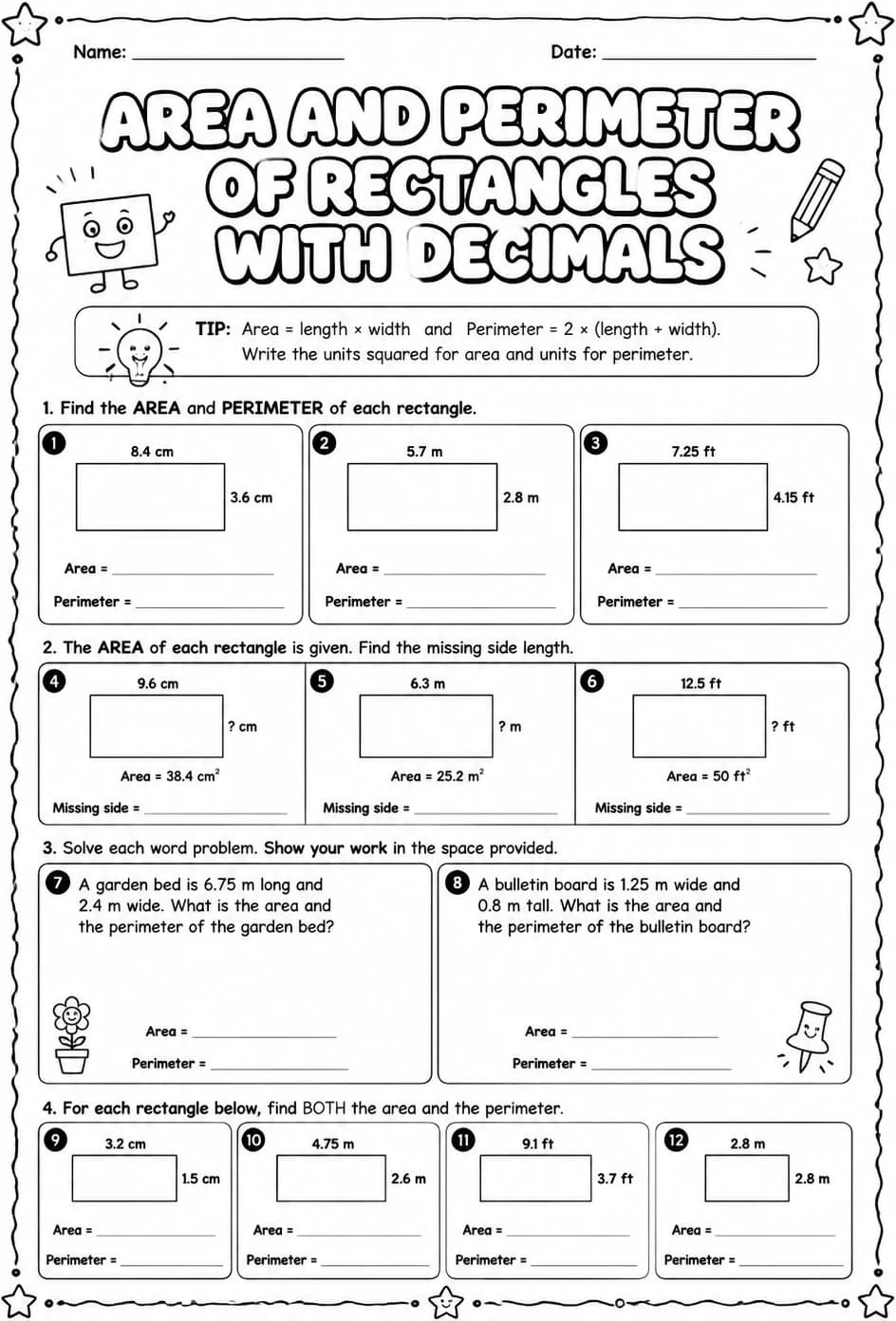 Area and perimeter of rectangles with decimals — free printable Grade 5 math worksheet