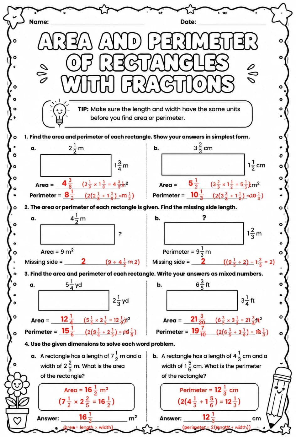 Answer key for Area and perimeter of rectangles with fractions — free printable Math worksheet