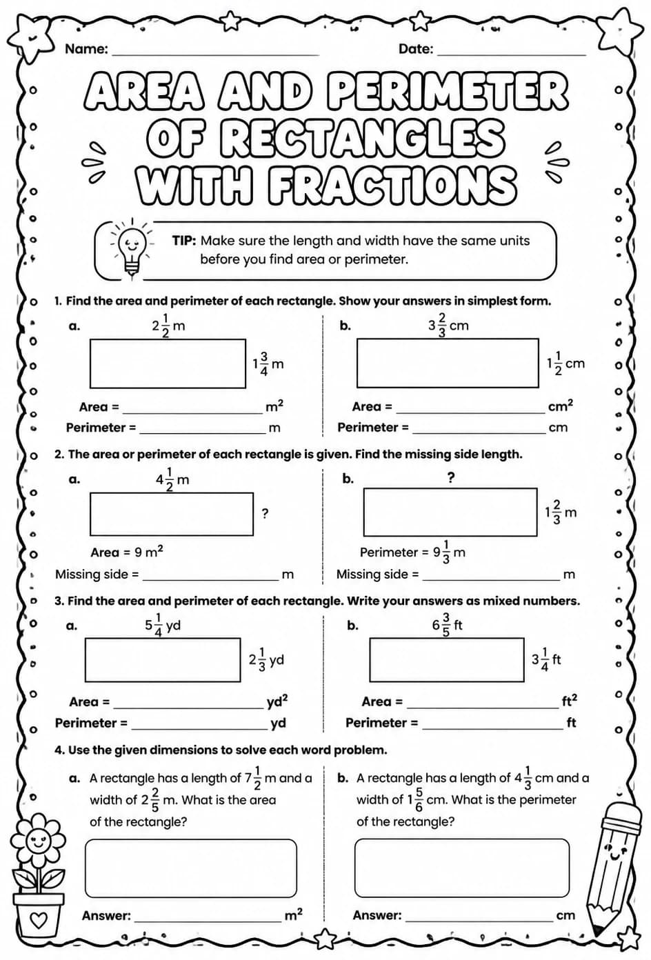 Area and perimeter of rectangles with fractions — free printable Grade 5 math worksheet