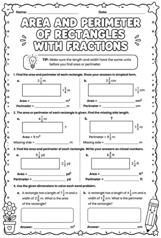 Area and perimeter of rectangles with fractions