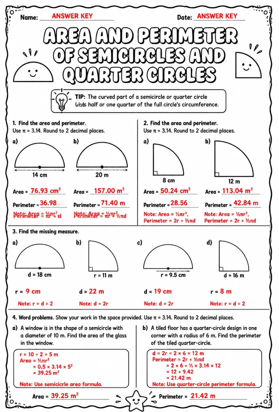 Answer key for Area and perimeter of semicircles and quarter circles — free printable Math worksheet