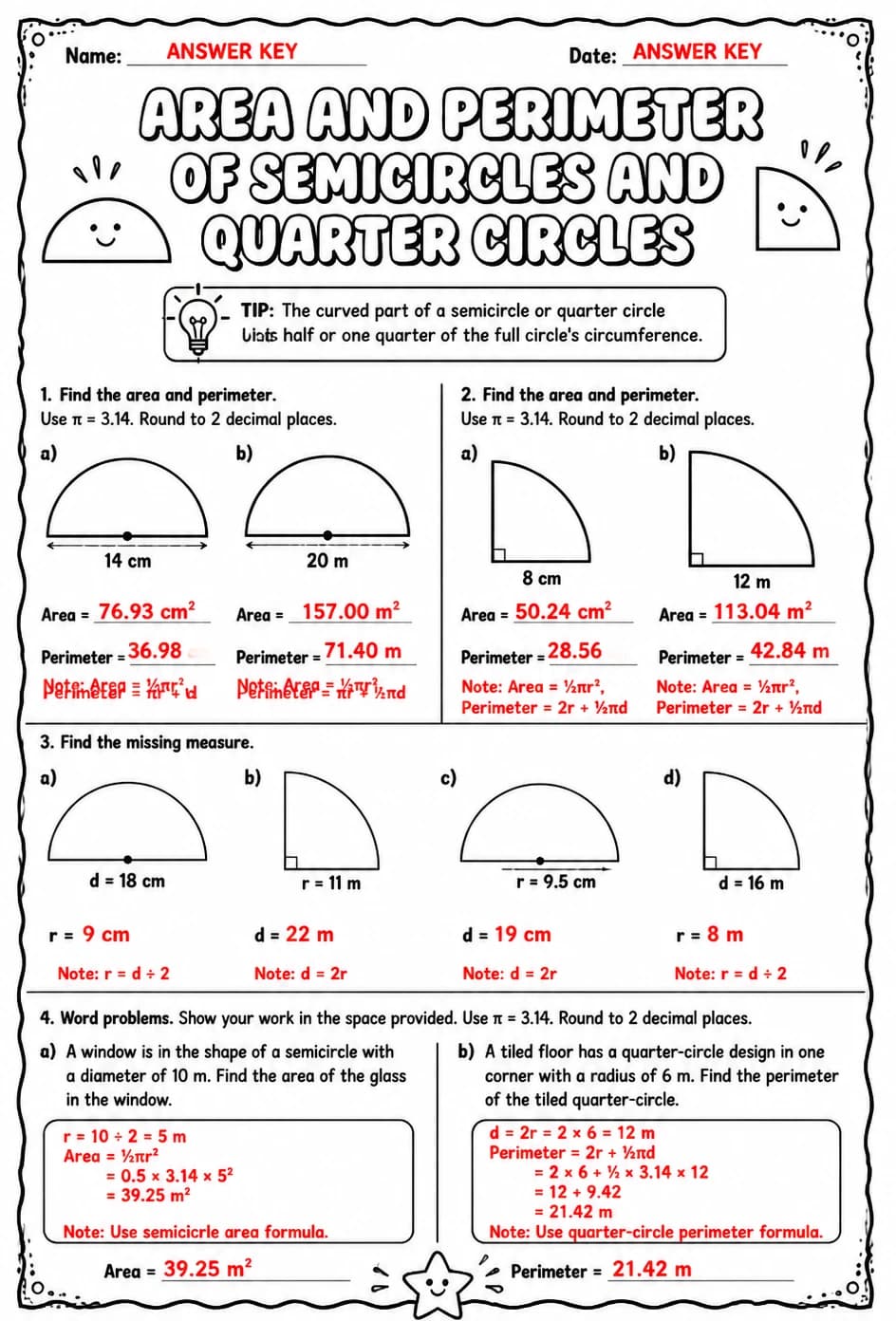 Answer key for Area and perimeter of semicircles and quarter circles — free printable Math worksheet