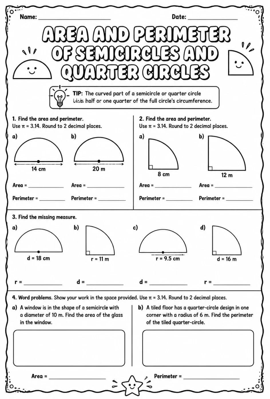 Area and perimeter of semicircles and quarter circles — free printable Grade 8 math worksheet