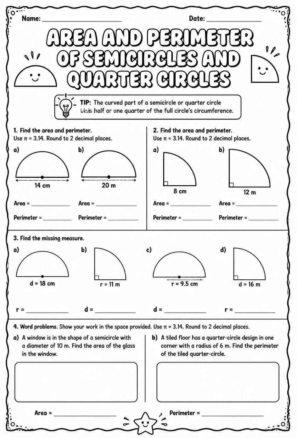 Area and perimeter of semicircles and quarter circles — free printable Grade 8 math worksheet