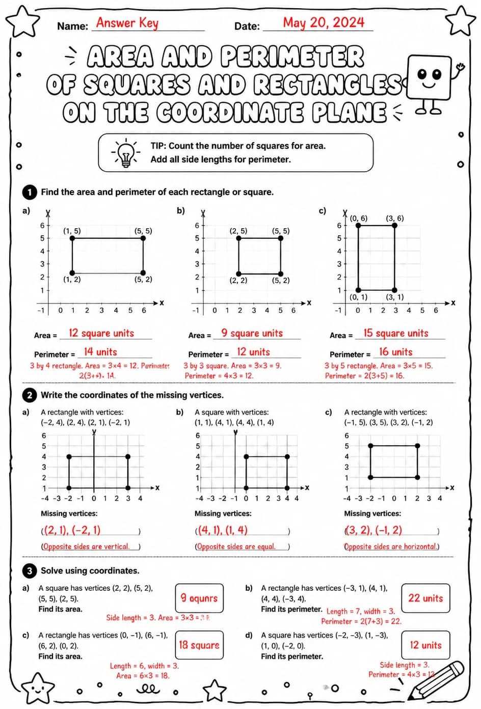 Answer key for Area and perimeter of squares and rectangles on the coordinate plane — free printable Math worksheet