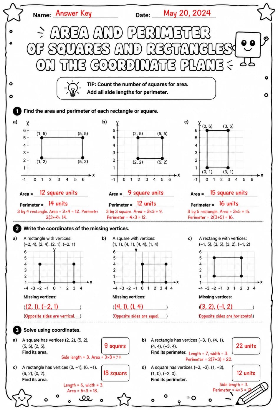 Answer key for Area and perimeter of squares and rectangles on the coordinate plane — free printable Math worksheet