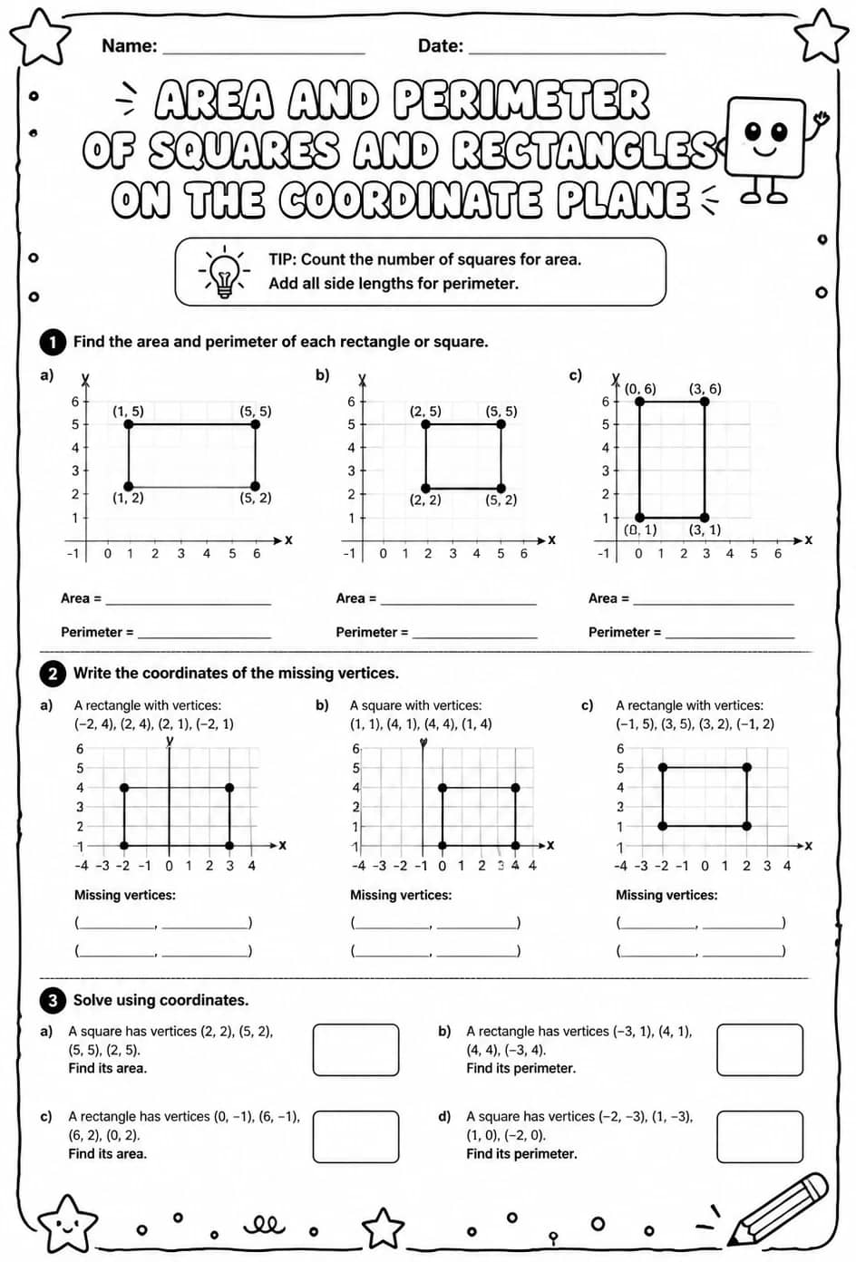 Area and perimeter of squares and rectangles on the coordinate plane — free printable Grade 6 math worksheet