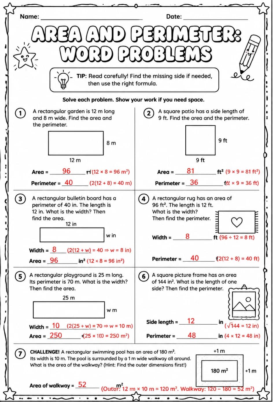 Answer key for Area and perimeter: word problems — free printable Math worksheet