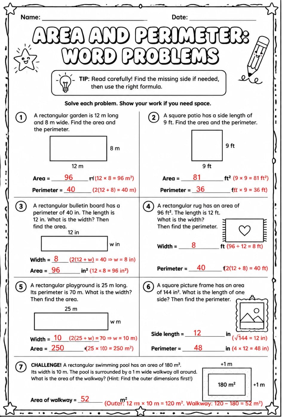 Answer key for Area and perimeter: word problems — free printable Math worksheet