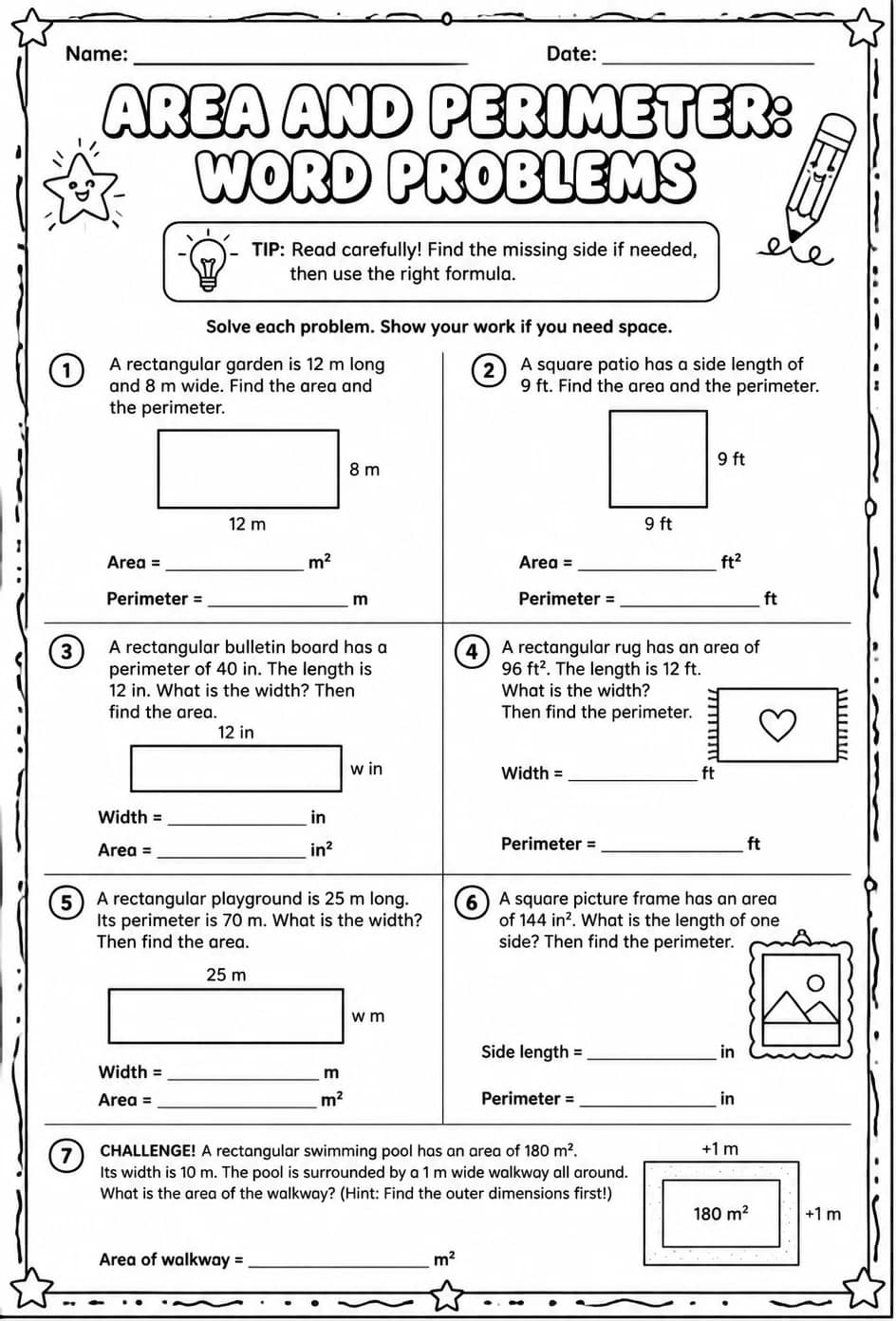 Area and perimeter: word problems — free printable Algebra 1 math worksheet