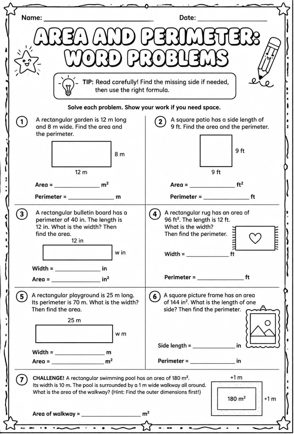 Area and perimeter: word problems — free printable Algebra 1 math worksheet