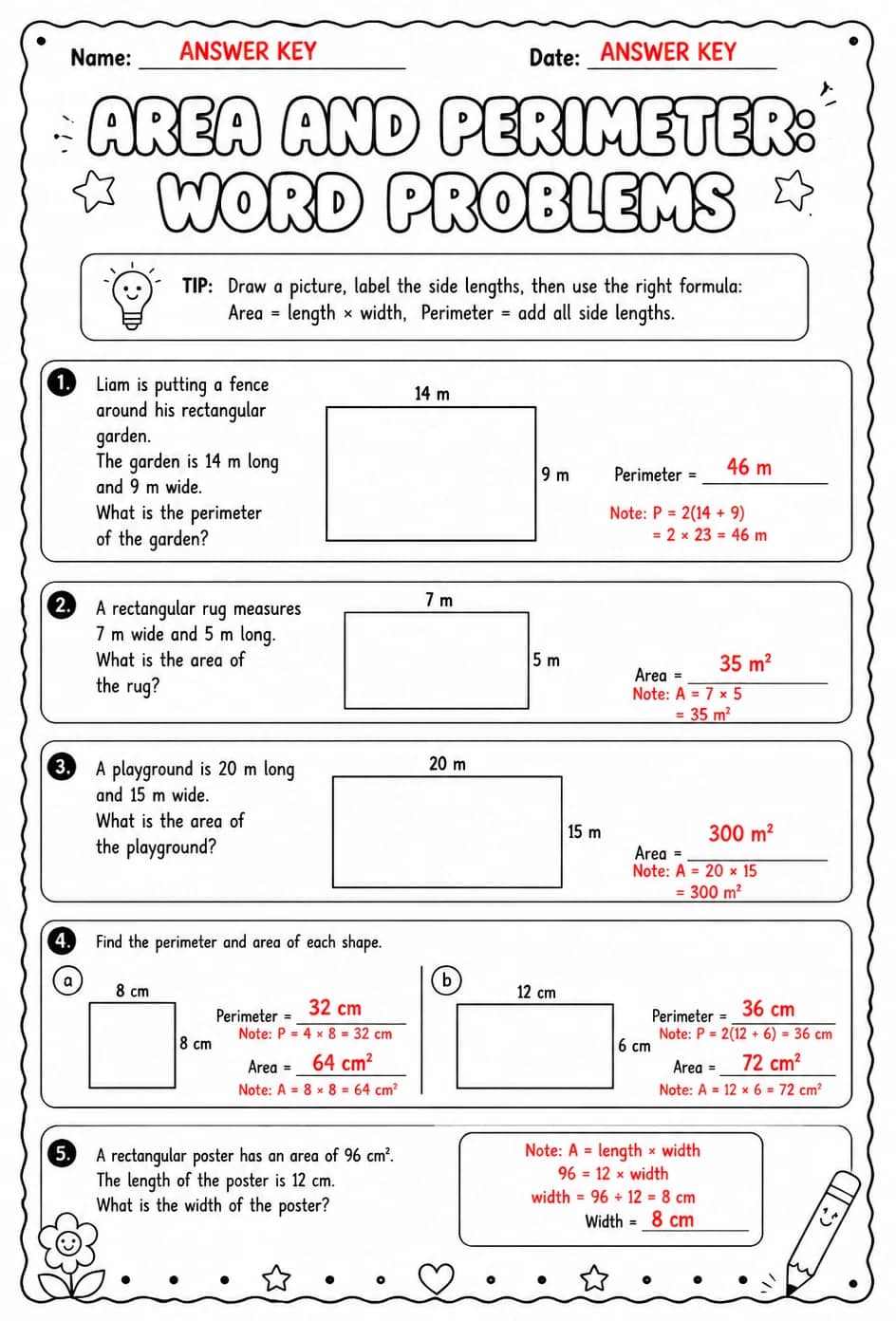 Answer key for Area and perimeter: word problems — free printable Math worksheet
