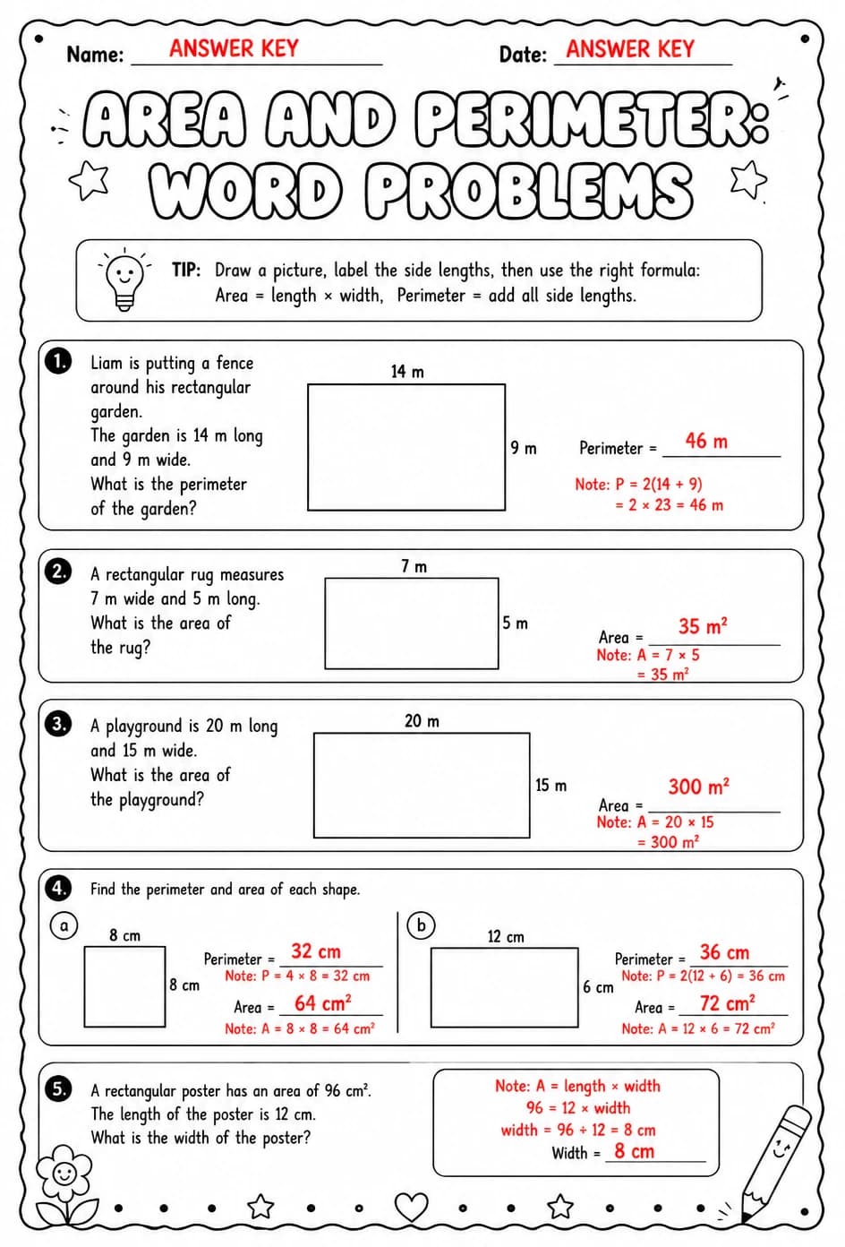 Answer key for Area and perimeter: word problems — free printable Math worksheet