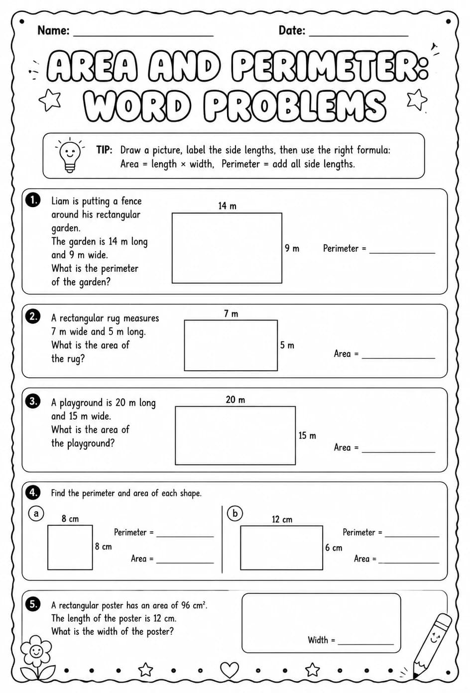 Area and perimeter: word problems — free printable Grade 4 math worksheet