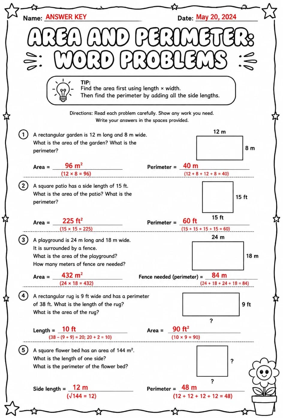 Answer key for Area and perimeter: word problems — free printable Math worksheet