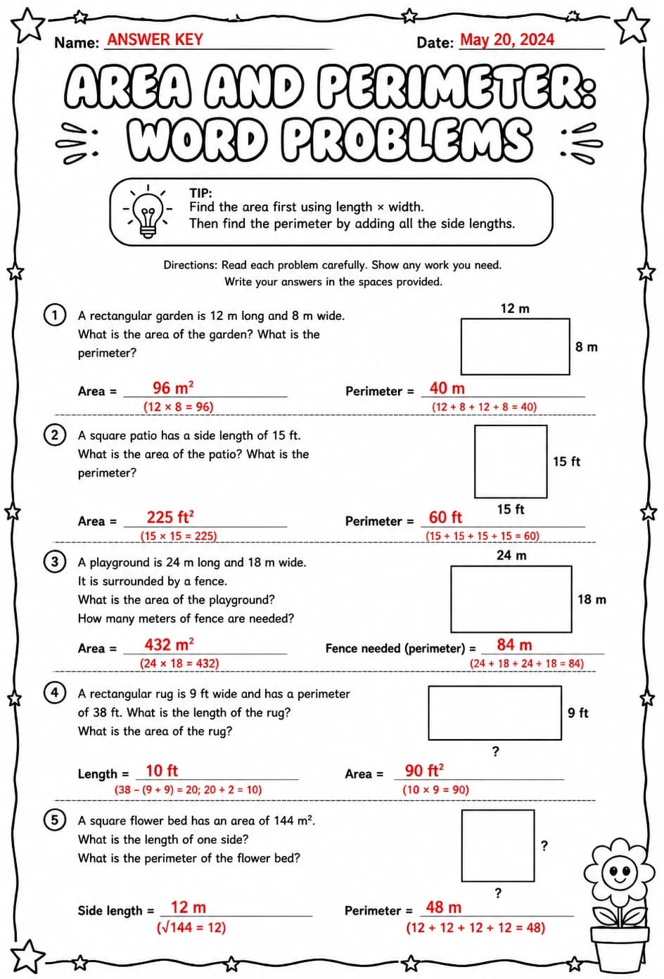 Answer key for Area and perimeter: word problems — free printable Math worksheet