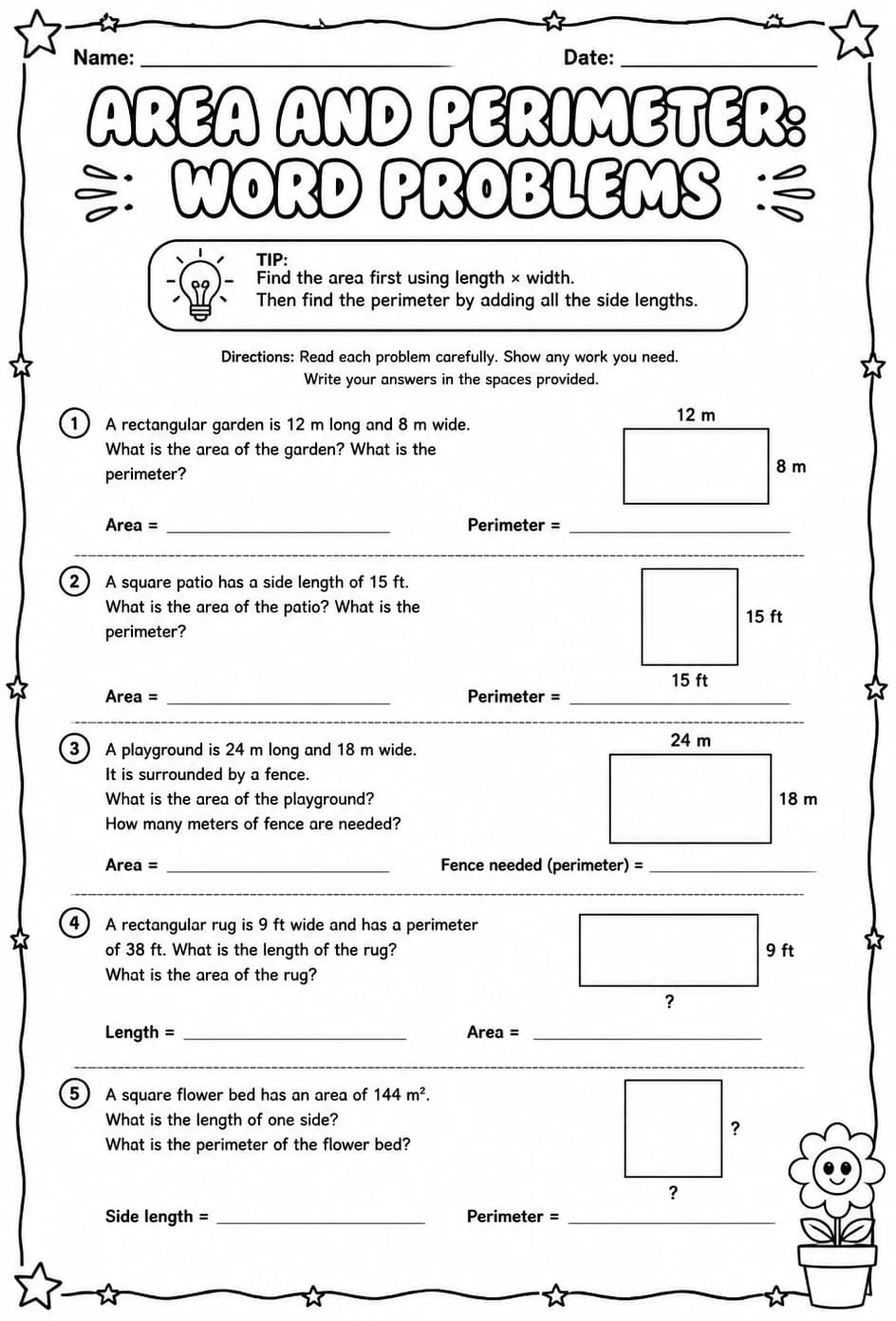 Area and perimeter: word problems — free printable Grade 5 math worksheet