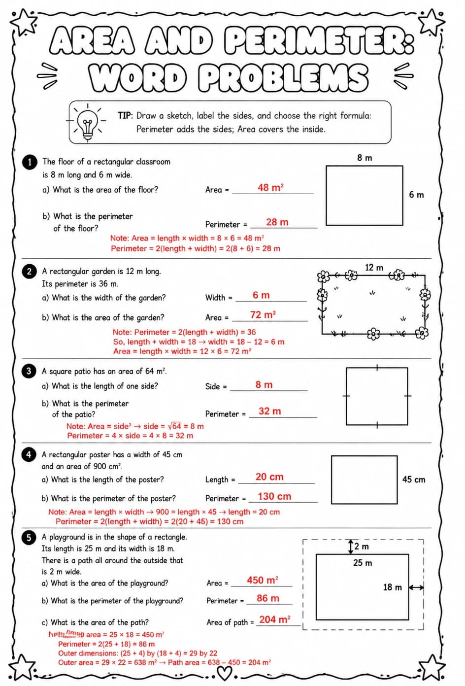 Answer key for Area and perimeter: word problems — free printable Math worksheet