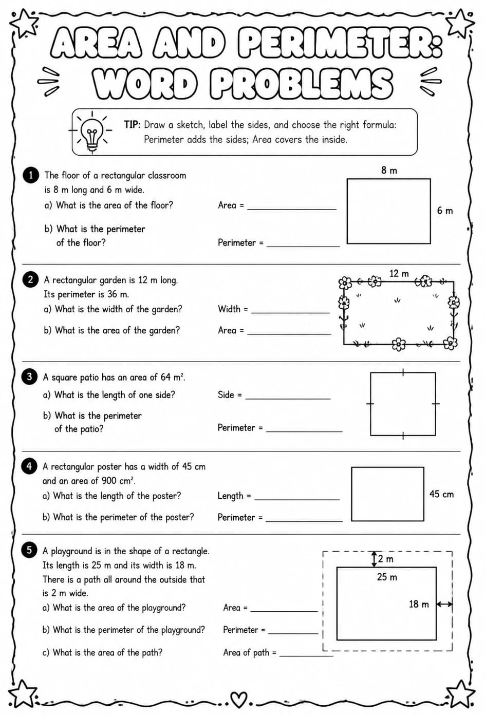 Area and perimeter: word problems — free printable Grade 7 math worksheet