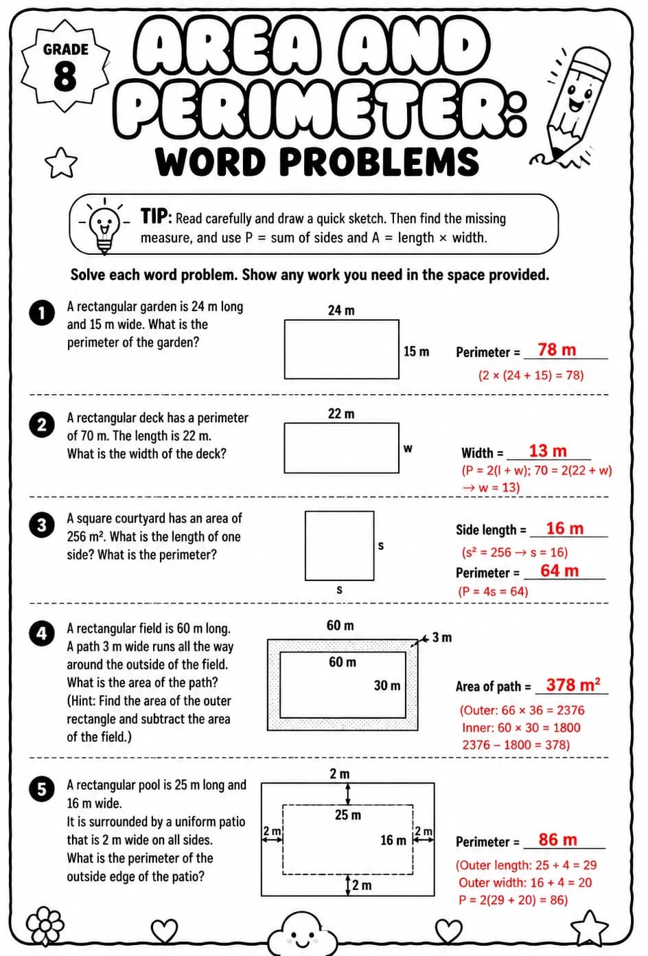 Answer key for Area and perimeter: word problems — free printable Math worksheet