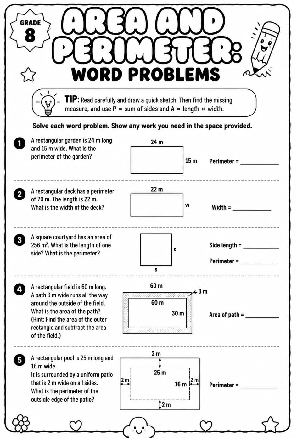 Area and perimeter: word problems — free printable Grade 8 math worksheet