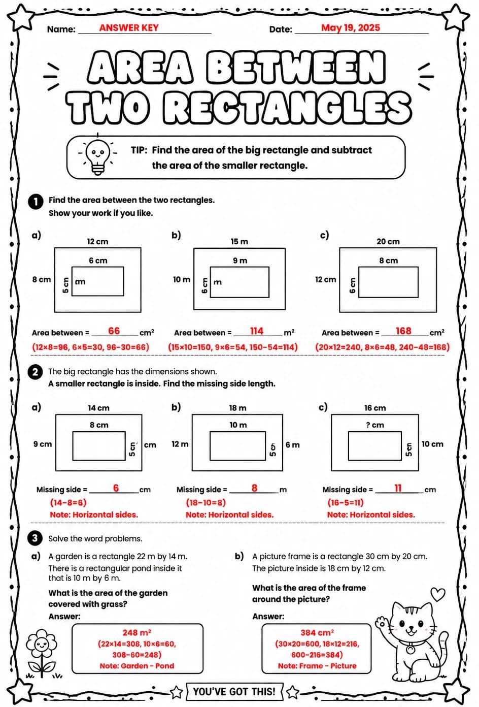 Answer key for Area between two rectangles — free printable Math worksheet