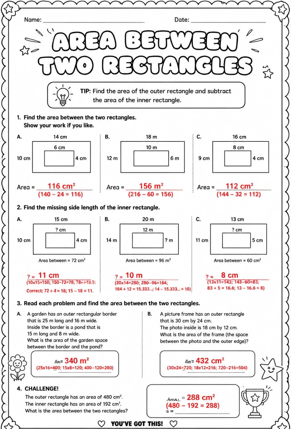 Answer key for Area between two rectangles — free printable Math worksheet