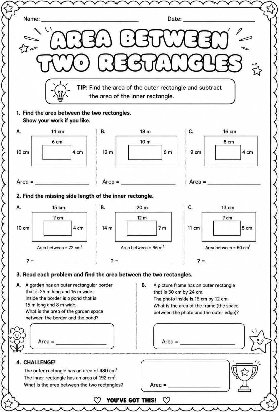 Area between two rectangles — free printable Grade 5 math worksheet
