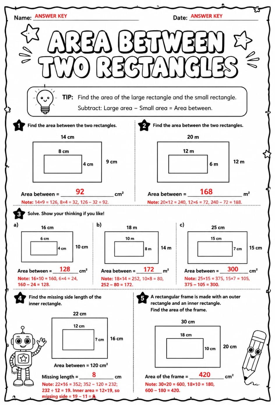 Answer key for Area between two rectangles — free printable Math worksheet