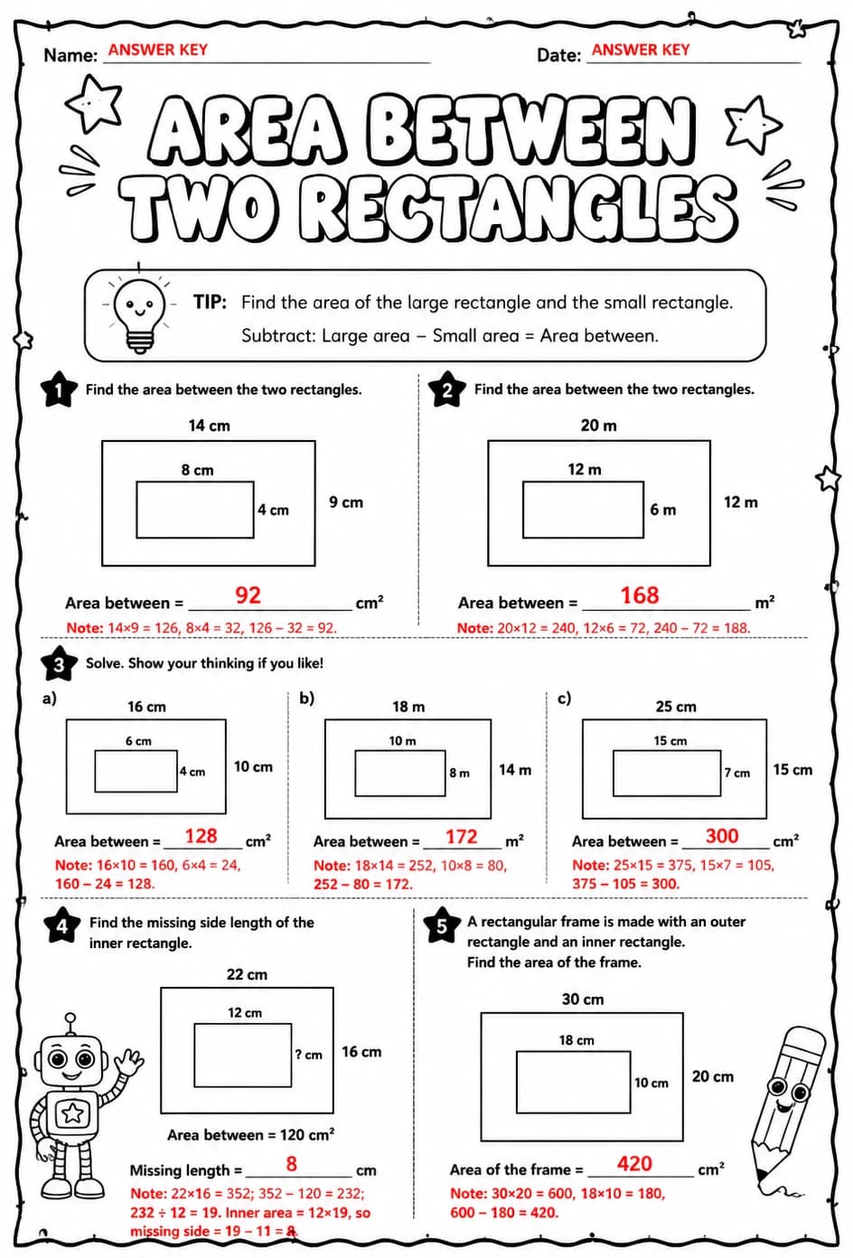 Answer key for Area between two rectangles — free printable Math worksheet