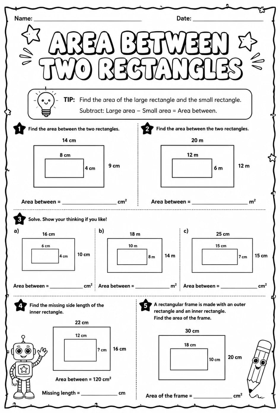 Area between two rectangles — free printable Middle School Math worksheet