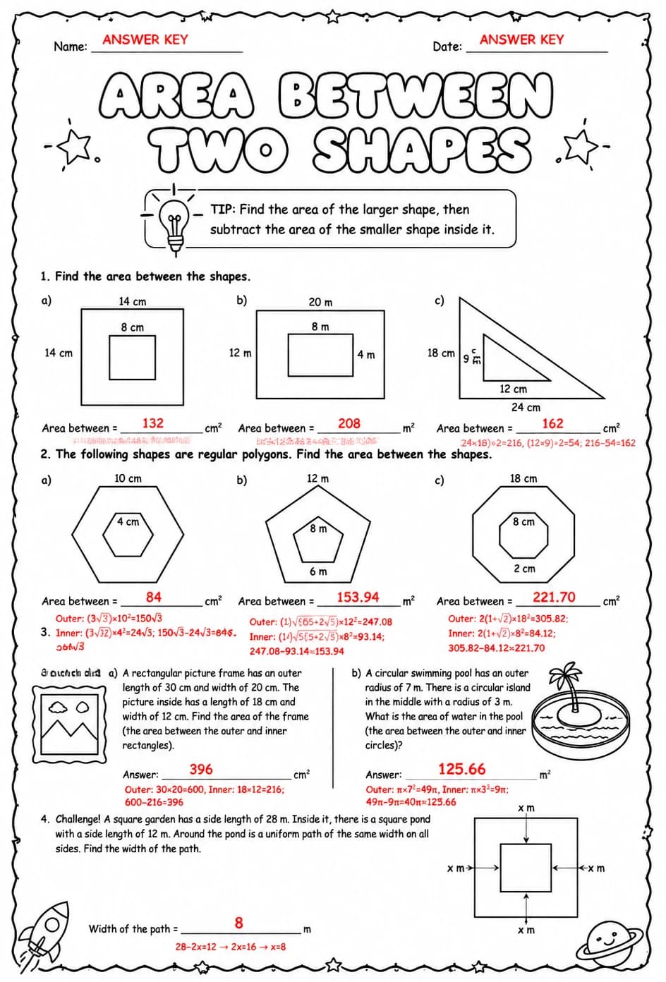Answer key for Area between two shapes — free printable Math worksheet