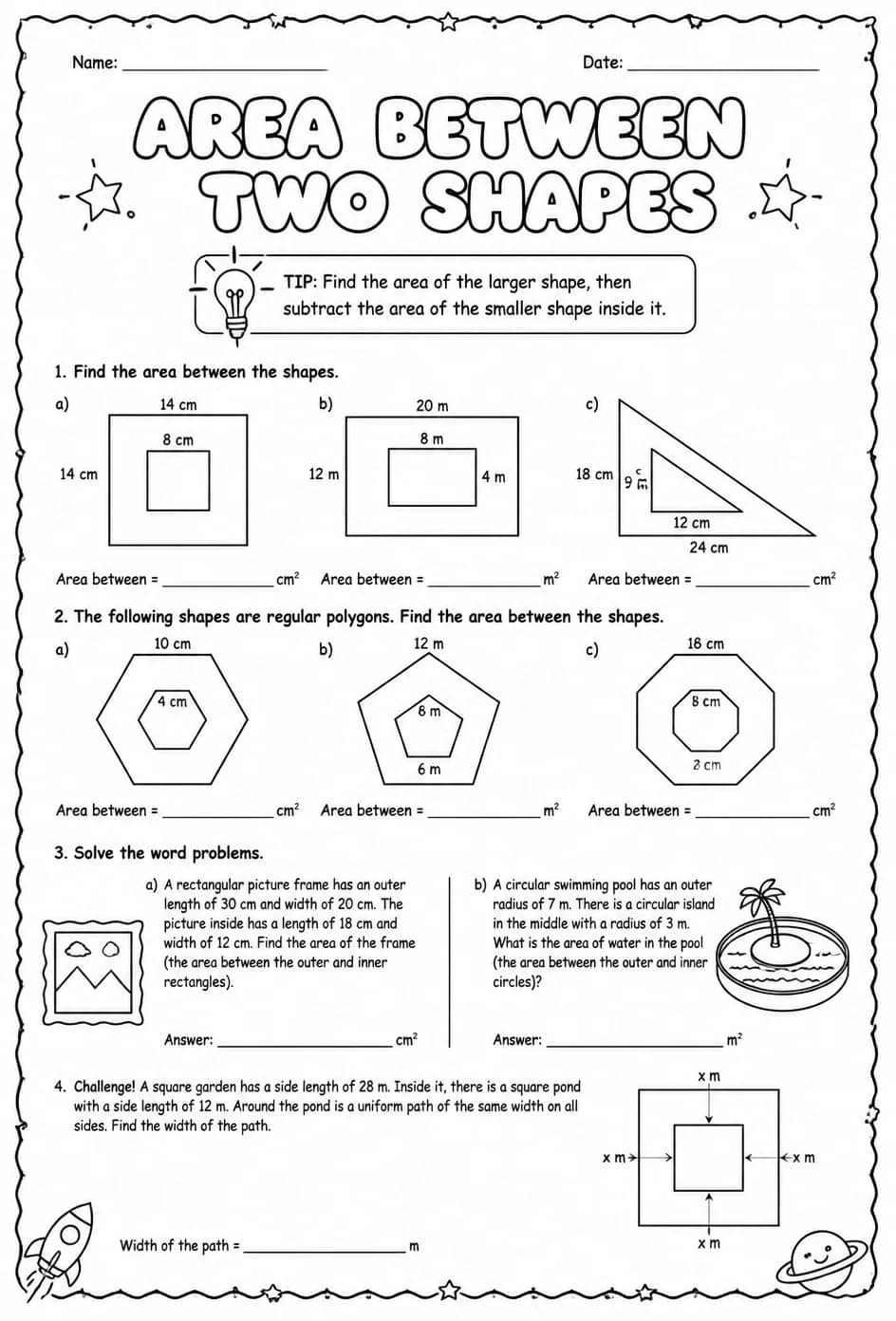 Area between two shapes — free printable Grade 7 math worksheet