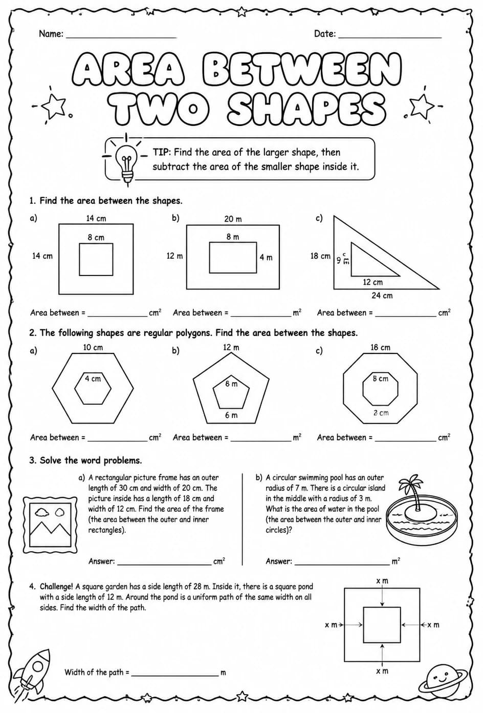 Area between two shapes — free printable Grade 7 math worksheet
